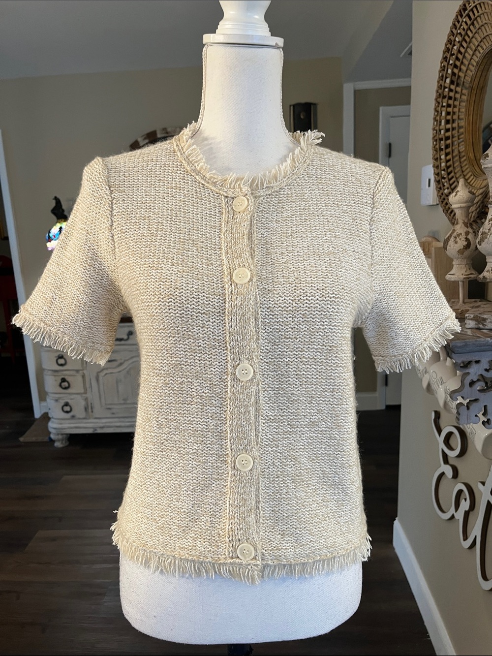 J. Crew Cream Short-Sleeve Fringe Button-Front Knit Cardigan